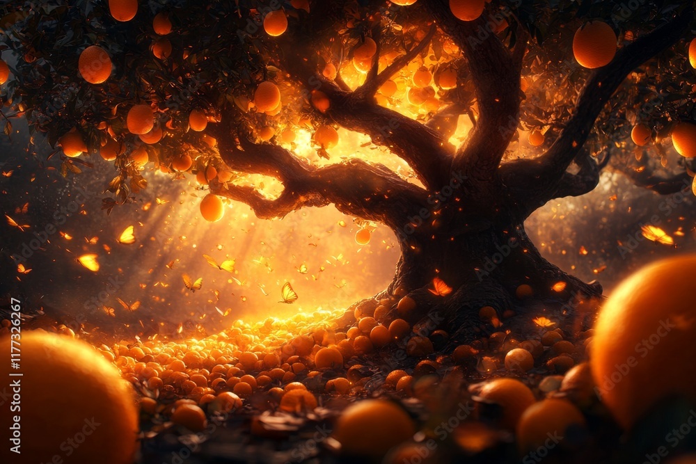 Poster a magical kumquat tree glowing with golden light, surrounded by tiny, fluttering creatures in a whim