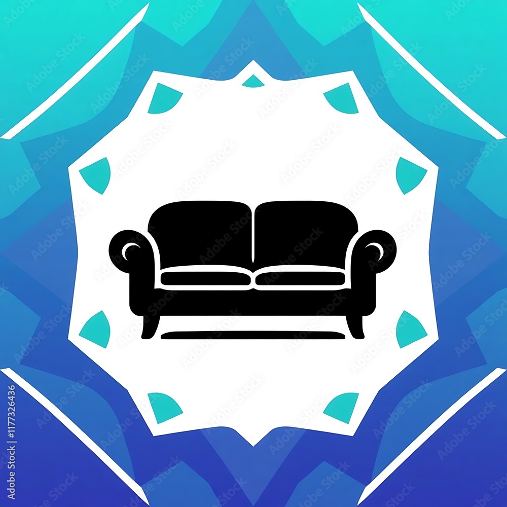Poster couch icon in abstract background: a minimalist silhouette of a classic couch is placed in an abstra