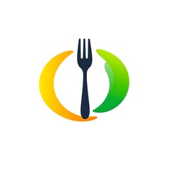Fork in Circle Logo Design: A modern and minimalist logo design featuring a black fork inside a circle with green and yellow gradient, symbolizing  freshness and flavor. Perfect for a restaurant.