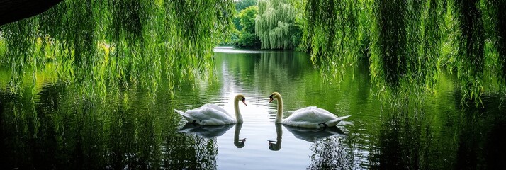 A tranquil lake with swans gliding across the water, framed by weeping willow trees