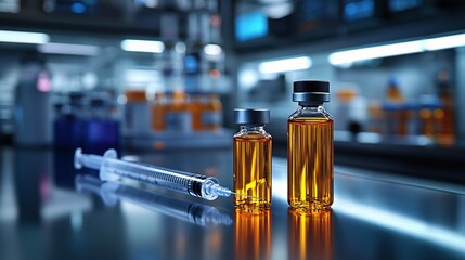 A vial filled with amber liquid and a syringe lie on a reflective surface in a laboratory setting, symbolizing medical research, innovation, and scientific progress