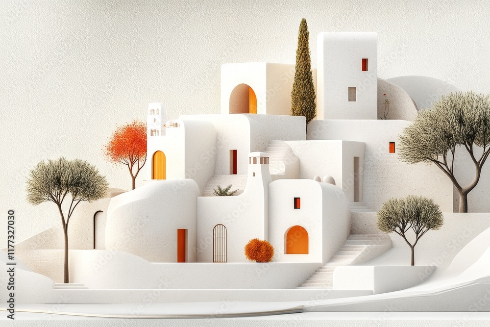 Poster a minimalist depiction of an oasis ksar, with simple geometric shapes representing the buildings and