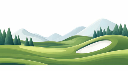 Obraz premium Serene mountain golf course landscape; rolling green hills, snow-capped peaks; ideal for travel brochures or website backgrounds.