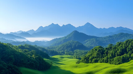 Fototapeta premium Serene mountain landscape at dawn; rolling green hills, misty valley, distant blue peaks; ideal for travel brochures or nature documentaries.