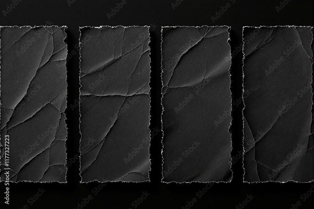 Poster torn textured paper fragments with rough edges, arranged symmetrically, displayed on a dark backgrou