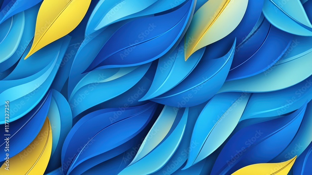 Poster vibrant blue and yellow leaf pattern with three-dimensional textures and depth