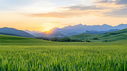 Obraz premium Serene sunset over rolling green hills and distant mountains, ideal for travel brochures or nature documentaries.