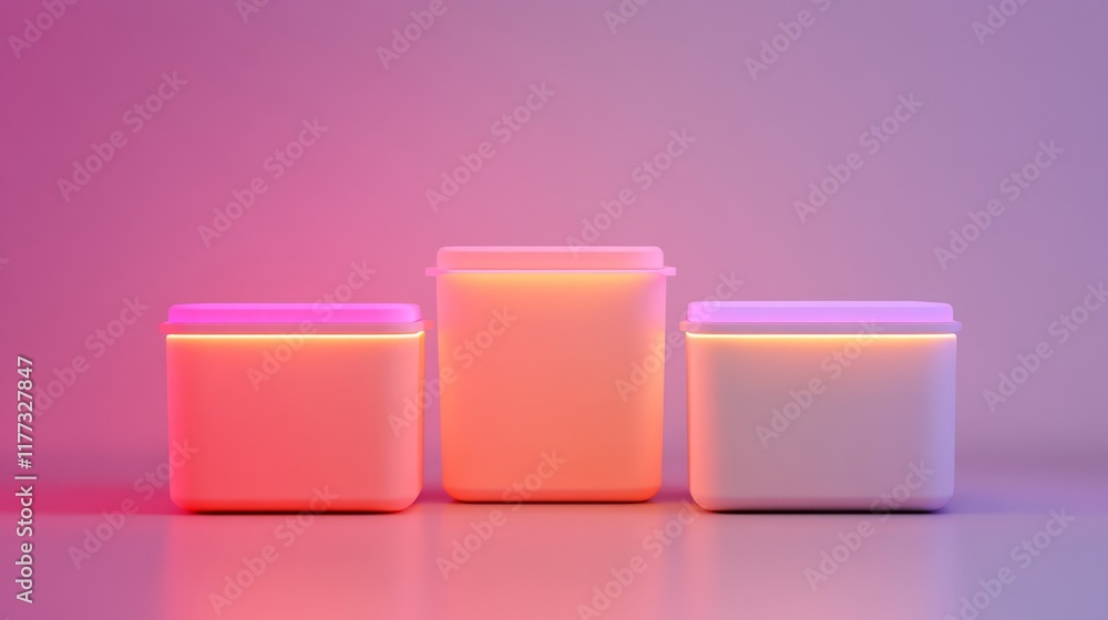 Poster abstract arrangement of modern containers with soft neon lighting on minimalist background for conte
