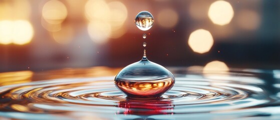 Stunning Macro Photography of Water Droplet Impact Abstract Reflections Golden Bokeh Background