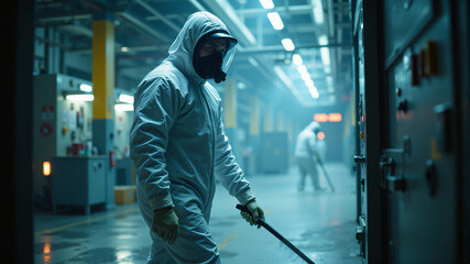 A worker in a protective suit navigates a dimly lit industrial area, emphasizing safety and caution.