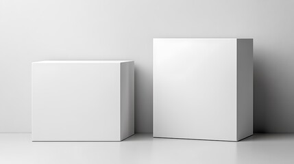 Two white blocks, one short and one tall, sit on a light gray floor.