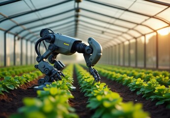 Robotic Agricultural Device Monitoring Crops in a Lush Green Field