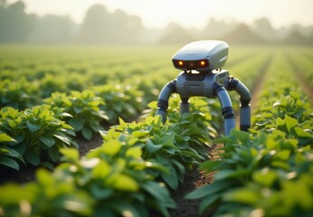Robotic Agricultural Device Monitoring Crops in a Lush Green Field