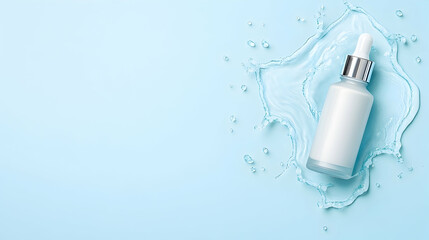 Skincare serum bottle in water splash on blue background; ideal for beauty product advertising.