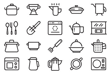 Cookware and tableware related editable stroke outline icon set flat vector illustration