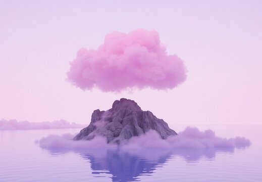 Serene Island with Dreamy Pink Cloud Amid Soft Pastel Landscape