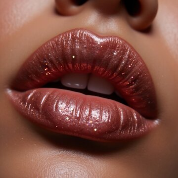Close-Up of Glossy Lips With Sparkling Glitter Effect