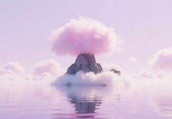 Serene Island with Dreamy Pink Cloud Amid Soft Pastel Landscape