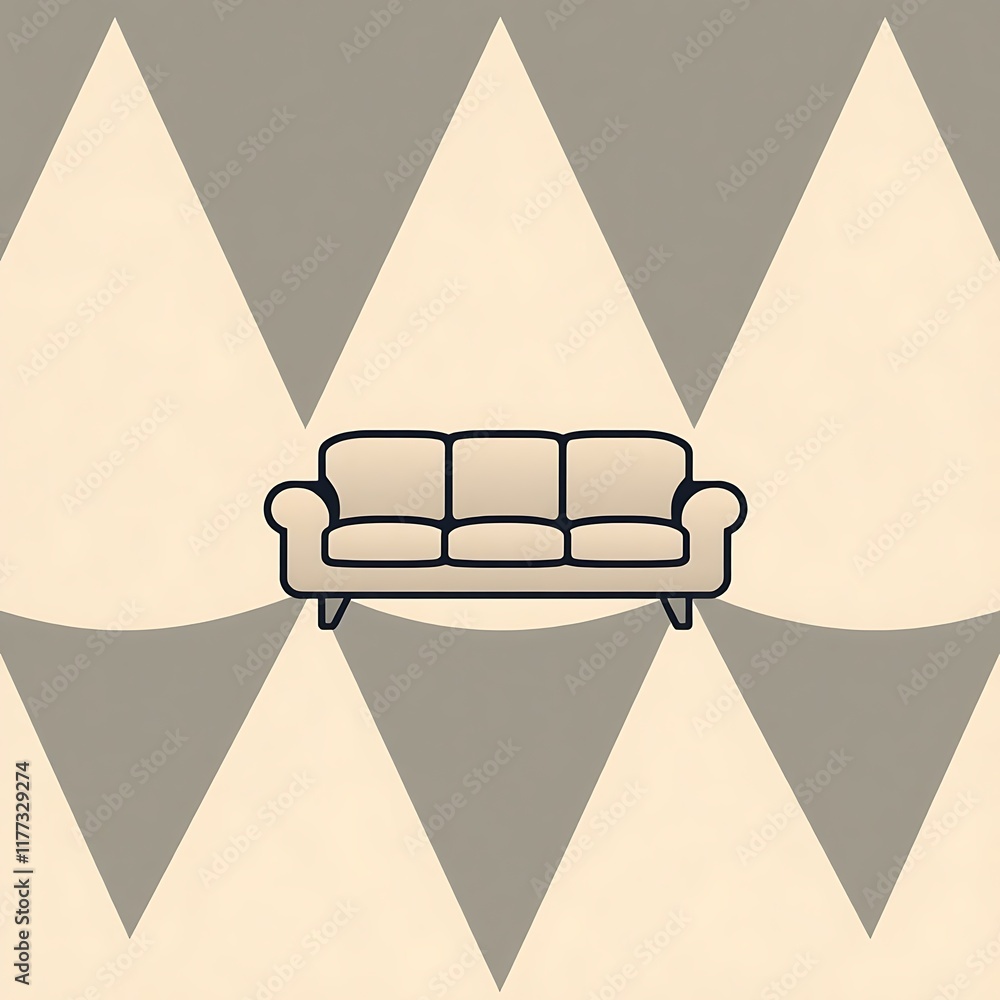 Poster couch on a geometric pattern: a minimalist illustration of a comfortable couch, rendered in a simple