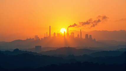 Obraz premium A breathtaking sunrise illuminating an industrial skyline with smokestacks against rolling hills.