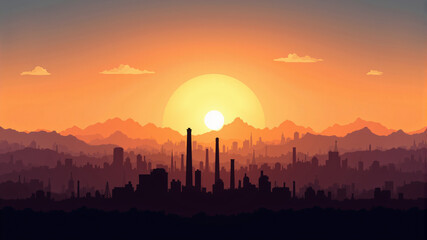 A breathtaking sunset casts vibrant colors over a silhouetted city skyline, showcasing industrial structures.
