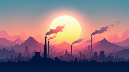 Fototapeta premium A colorful sunset over a smoky industrial landscape silhouetted against majestic mountains.