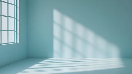 Obraz premium clean pastel baby blue room with natural light casting shadows. spacious area features large window, creating serene and calming atmosphere