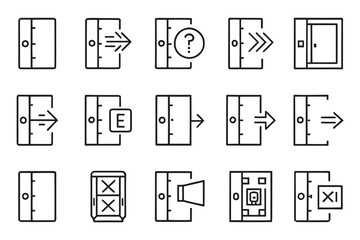 Exit door related editable stroke outline icon set flat vector illustration.