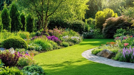 Naklejka premium A well-maintained garden filled with green plants, the vibrant foliage and clean air showcasing the purity of an eco-friendly space.