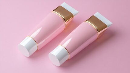 Two pink cosmetic product tubes with white caps and gold bands are centrally displayed on a pale pink background