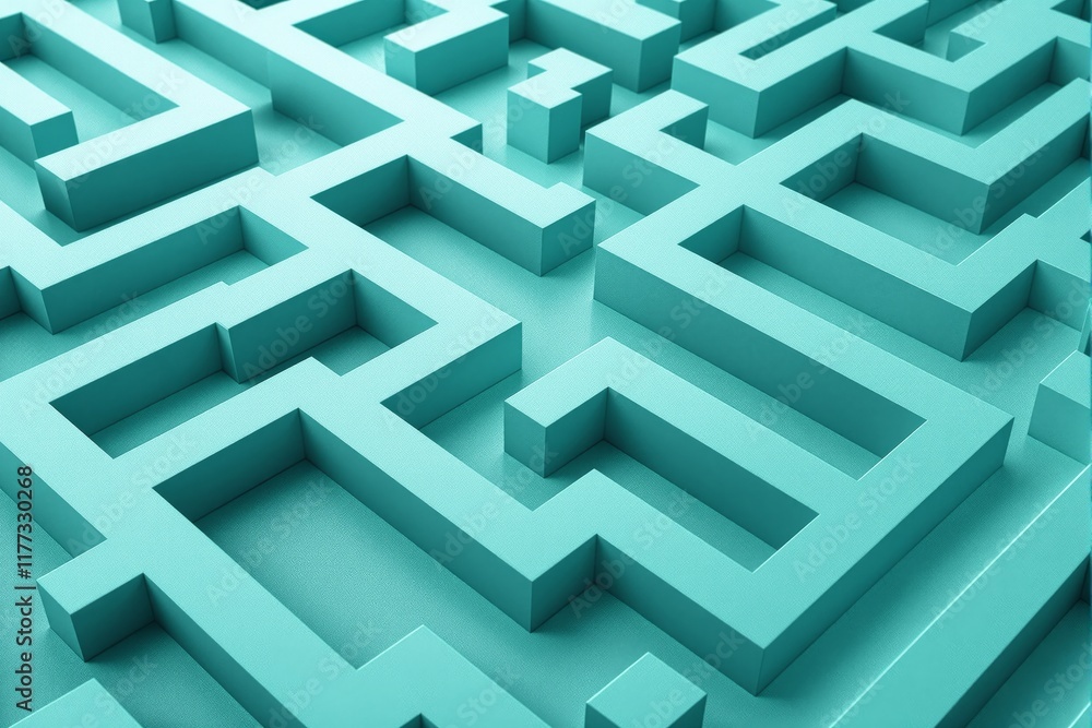 Poster a teal maze with raised walls and textured surfaces, set on a flat teal background. concept of probl
