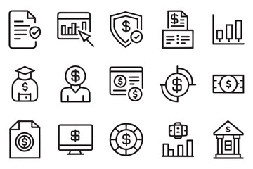  Finances, audit related editable stroke outline icon set flat vector illustration.