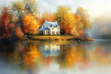 Fototapeta premium Autumnal Lakeside House, a Painting of Tranquil Beauty