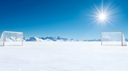 Snowy mountain range backdrop; two soccer goals on a snow field; winter sports concept; ideal for sports, travel, or winter-themed advertising.