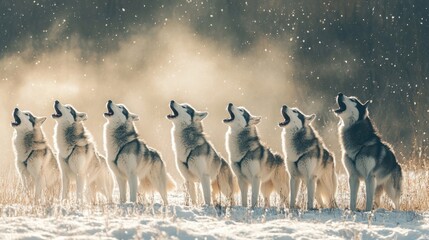 Sled Dogs Howling in a Snowy Meadow