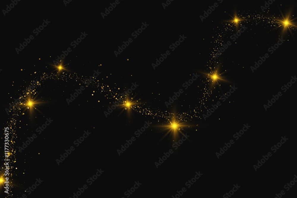 Poster magic gold dust trail with star shaped sparkles on dark transparent background. realistic vector ill