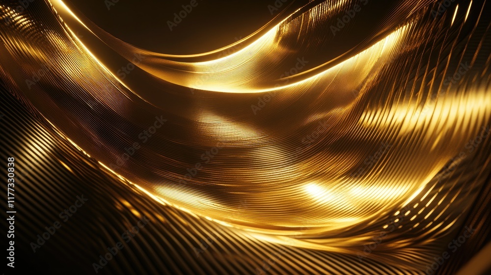 Poster abstract futuristic curved lines in gold and flame tones, forming dynamic wave patterns against a da