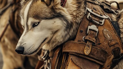 Close-Up of Sled Dog with Harness and Gear