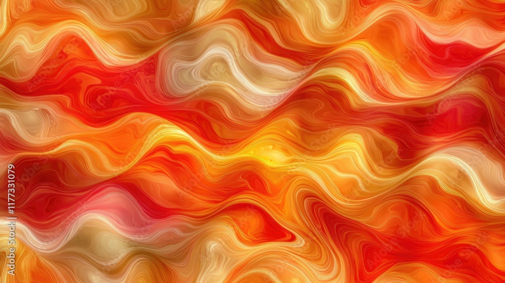 Poster abstract waveforms in flame and gold hues merging into each other seamlessly, enhanced by soft glowi