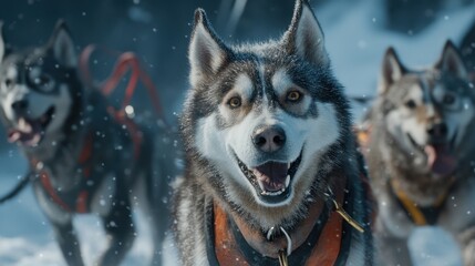 Eager Sled Dogs in Harnesses in Snowy Landscape