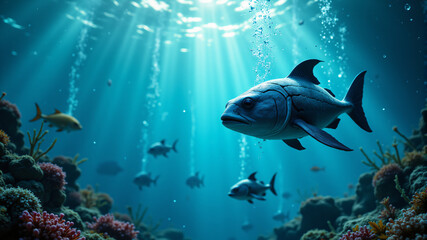 Fototapeta premium A stunning underwater scene featuring various fish amidst colorful coral reefs and sunlight rays.