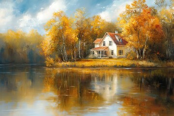 Fototapeta premium Autumn Lakeside House, Painted Landscape
