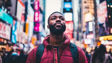 Fototapeta premium A Young Man Gazing Upward in a Vibrant Urban Setting Surrounded by Colorful Billboards in Times Square, New York City at Twilight