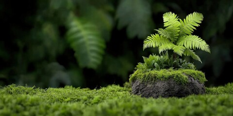 Healthy Fern Growing on Mossy Rock in Lush Green Forest Environment with Soft Focus Background