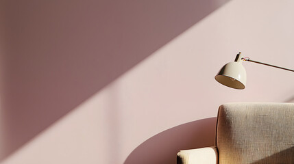 pastel mauve wall with clean edges and beige sofa, illuminated by stylish lamp casting soft shadow, creates serene and modern atmosphere