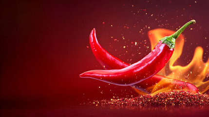 Spicy red chili peppers in flames, close-up studio shot, food photography, for recipes or hot sauce advertising.