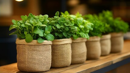 Fresh Mint Plants in Burlap Pots Aromatic Herbs for Home