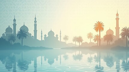 Naklejka premium Serene Arabian Cityscape at Dawn: Mosques, Palm Trees, and Tranquil Waters