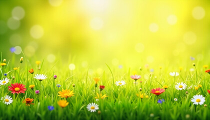 Spring meadow pattern with bright colors and flowers in a sunny background with copy space
