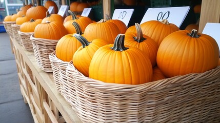 Fresh Orange Pumpkins in Wicker Baskets for Fall